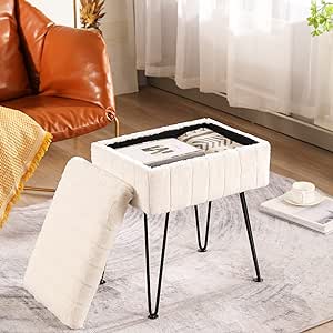 CUYOCA Vanity Stool Ottoman with Storage Bench, Faux Fur Stool for Vanity with Metal Legs, Makeup Chair Vanity Stool for Bedroom Living Room, Cream