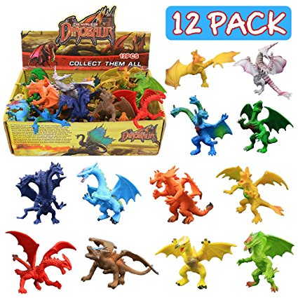 Dragon Toys,12 Piece Assorted Realistic Looking Dragon Figure,4 Inch Mini Dragons Sets With Gift Box,Zoo World Non-toxic Safety Materials ABS Vinyl Plastic Dragon,Party Favors Toy For Boys Kids
