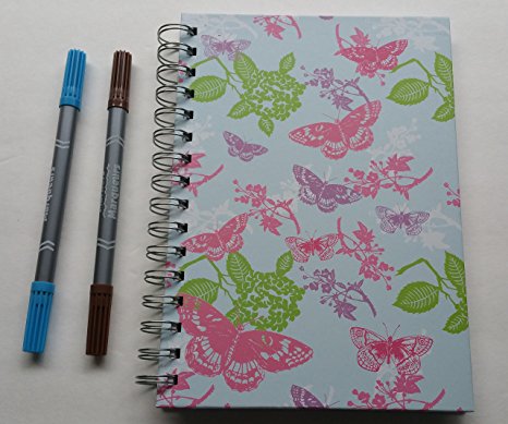 Spiral Bound Writing Journal Bundle, 1 Journal Diary Book, 2 Highlighter Writing Pens. This Book Has 120 Lined Pages and Has Butterfly Desins on Cover