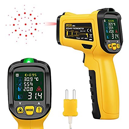 URCERI Infrared Thermometer Digital IR Laser Non Contact Temperature Gun -58℉ to 1472℉ Range with K-Type Thermocouple UV Leak Detector Ambient Humidity Tester, Black and Yellow
