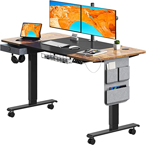 Maidesite Standing Desk Adjustable Height, 55 Inch Stand Up Desk, Electric Sit Stand Desk with Caster Wheels, Drawer and Cable Management Tray for Home Office, Rustic Brown Black Desktop