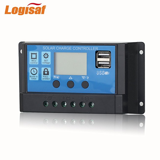 Logisaf 30A 12V/24V Solar Controller LCD Solar Panel Regulator Charge Controller Dual USB Port