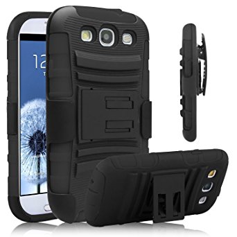 Galaxy S3 Case, Venoro [Heavy Duty] Armor Holster Defender Full Body Protective Hybrid Case Cover with Kickstand & Belt Swivel Clip for Samsung Galaxy S3 S III I9300 (Black)