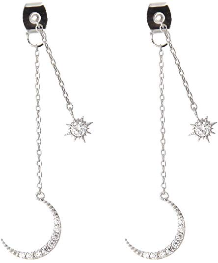 LAONATO CZ Crescent Moon and Star Chain Drop Earrings Ear Jackets