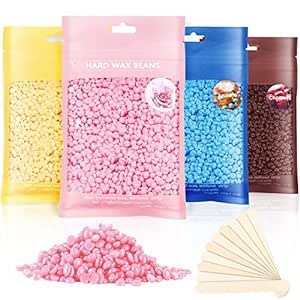 Hard Wax Beads, Professional Wax Beads for Hair Removal 400g Hair Wax with 10 Pcs Wood Sticks for Full Body Brazilian Bikini Face Legs Eyebrow Painless at Home for Woman Men