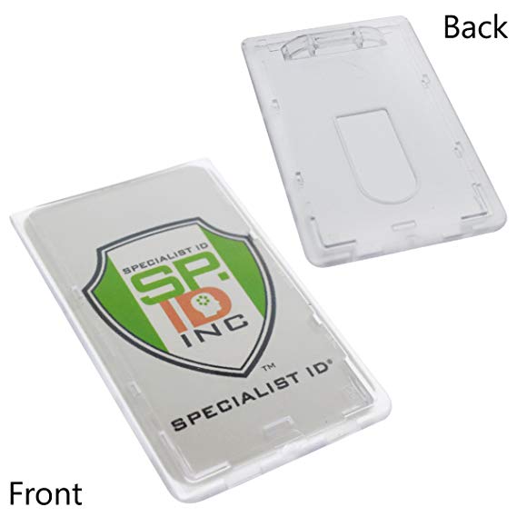 10 Pack - Slim Heavy Duty Badge Holders - Hard Plastic Clear Polycarbonate (Holds 1 Card) Rigid Top Load Single Card Case - Vertical Easy Access Thumb Slide Hole & UV Protection by Specialist ID