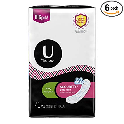 U by Kotex Security Ultra Thin Pads, Long, Fragrance-Free, 40 Count (Pack of 6)