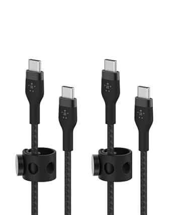 Belkin BoostCharge Pro Flex Braided USB-C to USB-C Charger Cable (6.6ft/2M), USB-IF Certified Fast Charging Cable for iPhone 15 Series, MacBook Pro, iPad Pro, Galaxy S24, S23, & More - Black (2-Pack)