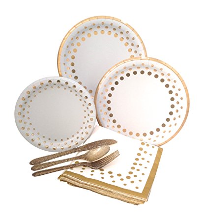 Gold Polka Dot Party Supplies Elegant Metallic Foil Includes Paper Plates, Napkins & Silverware for 8 Guests