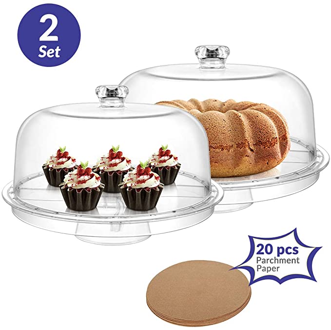 2 Set Clear Acrylic 6-in-1 Cake Stand Cake Plate With 12”Dome Multi-Function Serving Platter, Salad & Punch Bowl