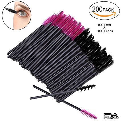 200 PCS Disposable Eyelash Eye Lash Makeup Brush Mascara Wands Applicator Brush Makeup Kits(Rose Red & Black)