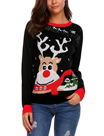 SummerRio Women's Ugly Christmas Sweater Long Sleeve Crewneck Reindeer Knitted Pullover
