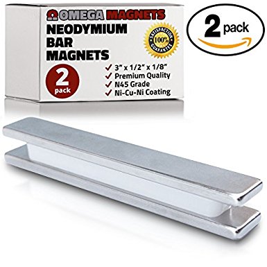 Strong Neodymium Bar Magnets (2 Pack) - Powerful, Rectangular Rare Earth Magnets - N45 Industrial Strength NdFeB Block Magnet Set for Misti, DIY, Crafts - 3” x 1/2" x 1/8"