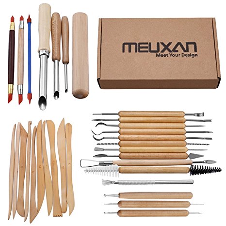 Meuxan 31PCS Pottery Tools Clay Sculpting Carving Tool Set - Includes Hole Cutter, Color Shaper, Ball Stylus and Wooden Sculpture Knife