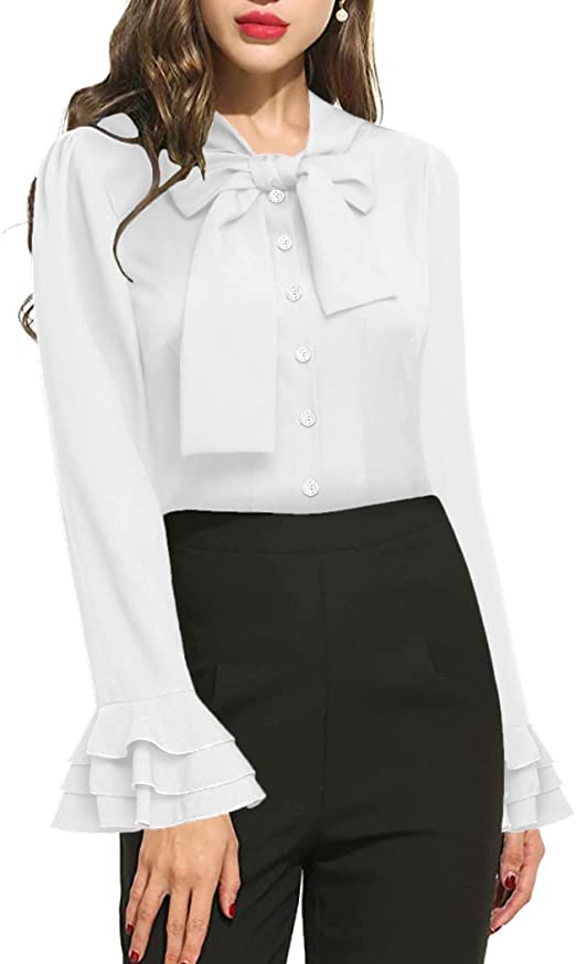 Zeagoo Women Casual Blouses Bow Tie Neck Shirts Ruffle Long Sleeve Button-Down Tunic Office Work Tops
