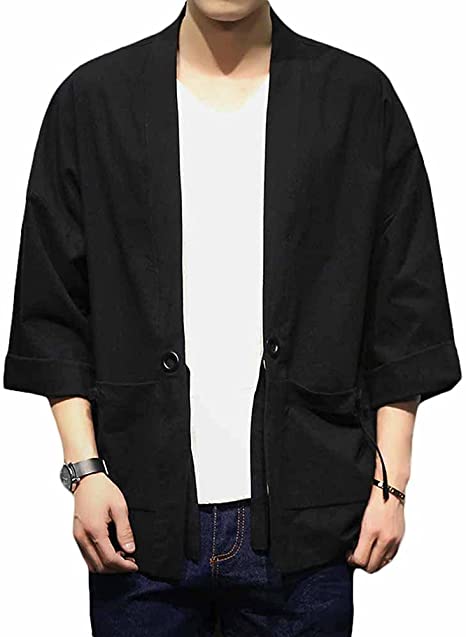 PRIJOUHE Men's Japanese Style Kimono Cardigan Jacket Cotton Blends Linen Seven Sleeves Solid Color Open Front Coat