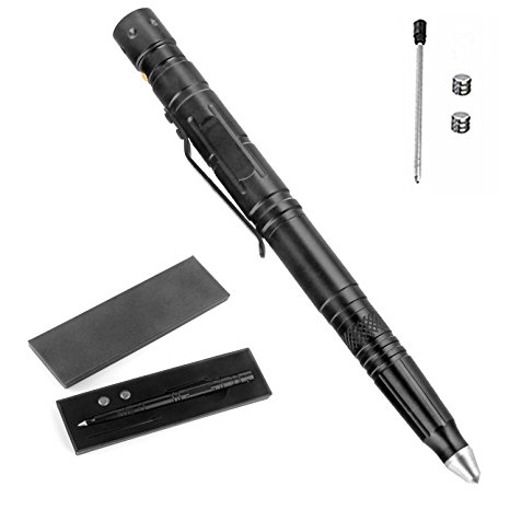 Tactical Pen Outdoor Multifuctional Survial Tool Tactical Flashlight Glass Breaker Ballpoint Pen Multi-tool Aircraft Aluminum Self-efense Pen-Black