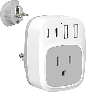 European Travel Plug Adapter, Maxpw Schuko Type E F Germany France Power Adapter with 1 AC Outlet 4 USB Ports(2 USB C), International Power Adaptor for US to EU Spain French German Iceland Korea