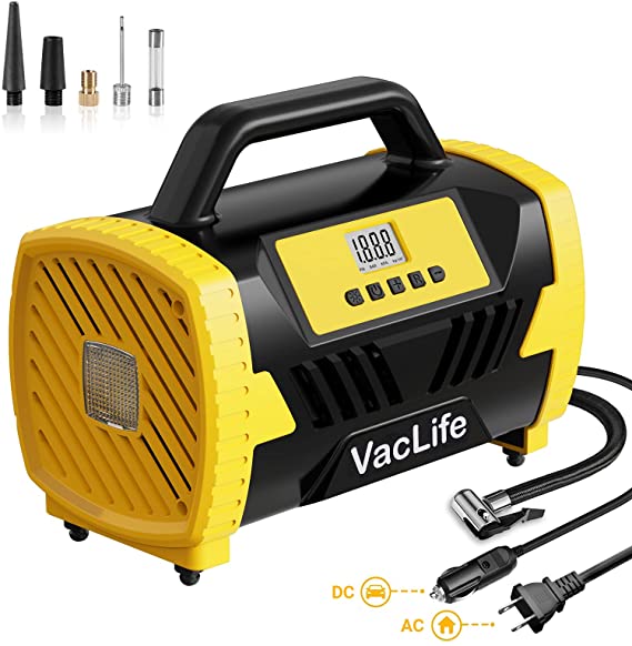 VacLife AC/DC 2-in-1 Tire Inflator - Portable Air Compressor, Air Pump for Car Tires (up to 50 PSI), Electric Bike Pump (up to 150 PSI) w/Auto Shut-Off Function, Model: ATJ-6788, Yellow (VL738)