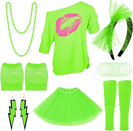 SATINIOR 80s Costume Accessories Set, Lips Print T-Shirt Skirt Lace Headband Earring Necklace Bracelet Leg Warmers