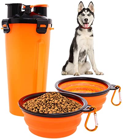 Dog Water Food Bottle for Walking Travelling Hiking Camping 2-In-1 Pet Food Container with 2 Collapsible Dog Bowls Outdoor Travel Water Dispenser Leak Proof Cup Portable Drinking Bottle for Cat Puppy