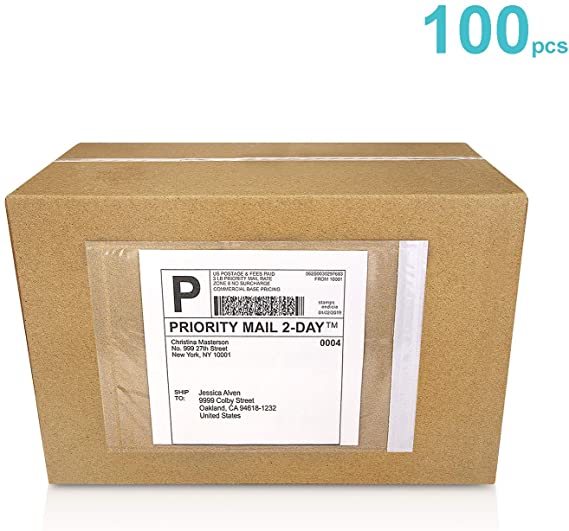 Mionno 7.5" x5.5" Clear Strong Adhesive Invoice Enclosed Pouches, 100pcs Packing List/Shipping Label Envelopes Pouches for Mailing Shipping Business (Short Side Loading)