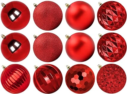 Benjia Extra Large Size Outdoor Christmas Ornaments, Oversized Huge Big Shatterproof Xmas Christmas Plastic Balls for Outside Lawn Yard Tree Hanging Decorations (4"/100mm, Red, 12 Packs)