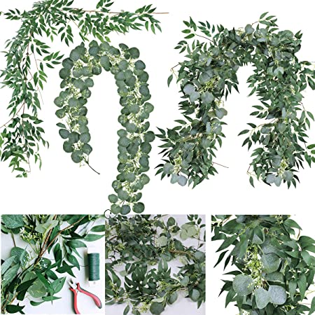 Supla 2 Pcs Artificial Greenery Garland Eucalyptus Garland Table Runner Faux Face Silver Dollar Eucalyptus Leaves Vine Willow Leaves Garland Holiday Greens for Wedding Jungle Party Wall Backdrop Decor