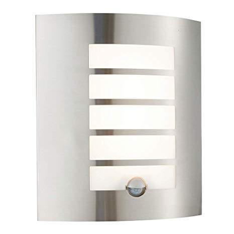 Bianco Brushed Stainless Steel & Frosted Opal Lens Curved Outdoor Garden LED Wall Mounted Security Light with PIR Motion Detector IP44 Rated
