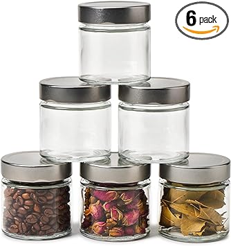 EZOWare 6oz Airtight Glass Jars with Brushed Silver Lids, Set of 6 Kitchen Clear Food Canister Storage Container for Yogurt, Jelly, Dessert, Honey, Jams, Sugar, Spices, and DIY Candles Decor