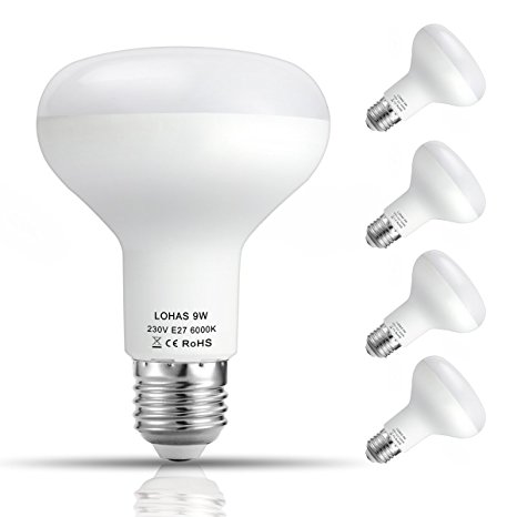 LOHAS® 9 Watt R80 E27 Edison Screw Reflector LED Bulbs, Equal to 75 Watt Incandescent Light Bulb,720lm,Day White 6000K,Non Dimmable,220-240V AC,Pack of 5 Units