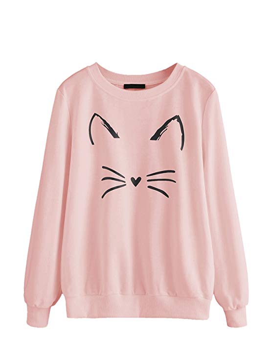 Romwe Women's Cat Print Sweatshirt Long Sleeve Loose Pullover Shirt