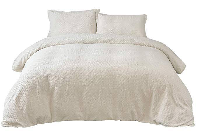 PHF 100% Cotton Waffle Weave Duvet Cover Set Elegant Surface 3 Pieces for Winter Queen Size Cream/Light Beige