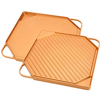 Ejoyway Copper Griddle & Grill Pan, Reversible Grill & Griddle is Non-Stick & Easy to Clean, Fits On Top of One Stove Burner for Quick Grilled Steak & Chicken or Delicious Pancakes