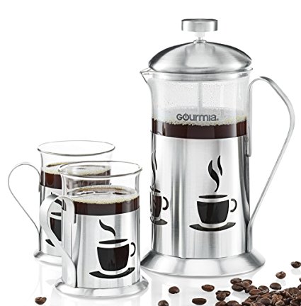 Gourmia GCM9840 French Press Coffee Maker Set Includes 600 ml Decorative French Press Coffee Brewer With 2 Matching Stainless Steel Drinking Cups