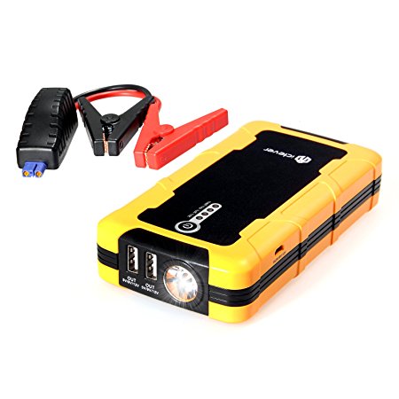 [Quick Charge In & Out] iClever BoostEngine 600amp Peak 15000mAh Portable Car Jump Starter External Power Bank with Multiple Protected Smart Clamp, 100 Lumen LED Light, Yellow