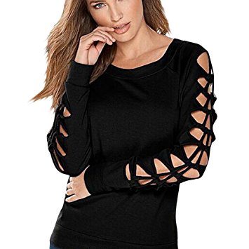 XILALU Fashion Womens Sexy Hollow Long Sleeve Casual Blouse Loose Tops T Shirt (L, Black)