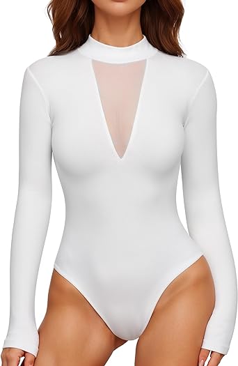 MANGOPOP Long Sleeve Body Suit Mock TurtleNeck Bodysuit for Women Mesh Deep V Bodysuit Tops