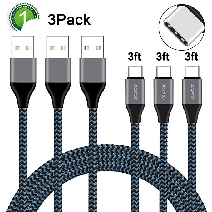 USB Type C Cable, Xcords 3Pack 3FT USB A to USB C Cable, Premium Nylon Braided Fast Charger Cable Compatible Galaxy S9/S8 Plus/Note 9/8 Google Pixel/Moto Z Z2 / LG V30 V20 / Nintendo Switch(Black)