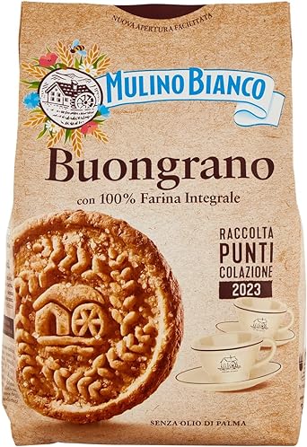 Mulino Bianco Biscotti Buongrano con 100% Farina Integrale, Colazione Ricca di Fibre e Gusto - 350 gr