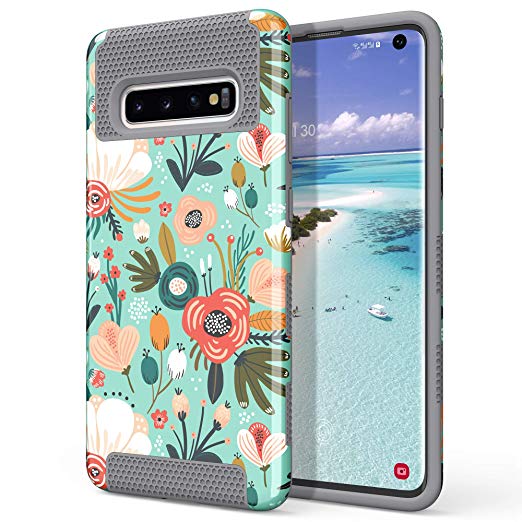 ULAK S10 case, Galaxy S10 case (2019), Stylish Slim Fit Hybrid Dual Layer Protective Flexible Shock Absorbing TPU Bumper Phone Cover for Samsung Galaxy S10 6.1 inch, Mint Floral