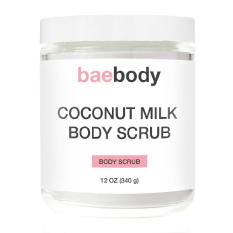 Baebody Coconut Milk Body Scrub: With Dead Sea Salt, Almond Oil, and Vitamin E. Natural Exfoliator, Moisturizer Promoting Radiant Skin 12(oz)