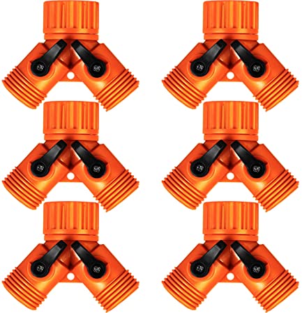 Mudder 6 Pack 3/4 Inch Garden Hose Y Connectors Plastic Hose Splitter with Faucet Watering Shut Off Valves for Landscaping, Gardening, Flower Planting, Irrigation (Orange)