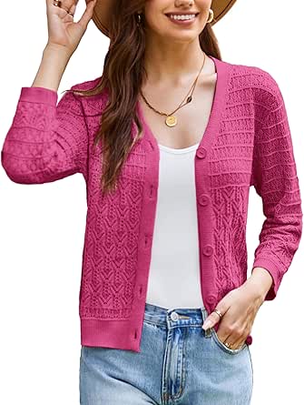 GRACE KARIN 2024 Women's 3/4 Sleeve Crochet Knit Button Down Cardigan Cropped Shrug Bolero Lightweight Sweaters Tops