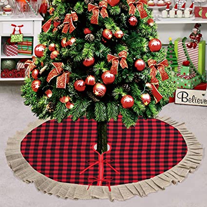 Partyprops Christmas Tree Skirt, Large 48 Inch Red Black Buffalo Plaid Tree Skirt, Burlap Ruffle Double Layers Tree Skirt for Christmas Decorations, Xmas Holiday Decorations Indoor Outdoor