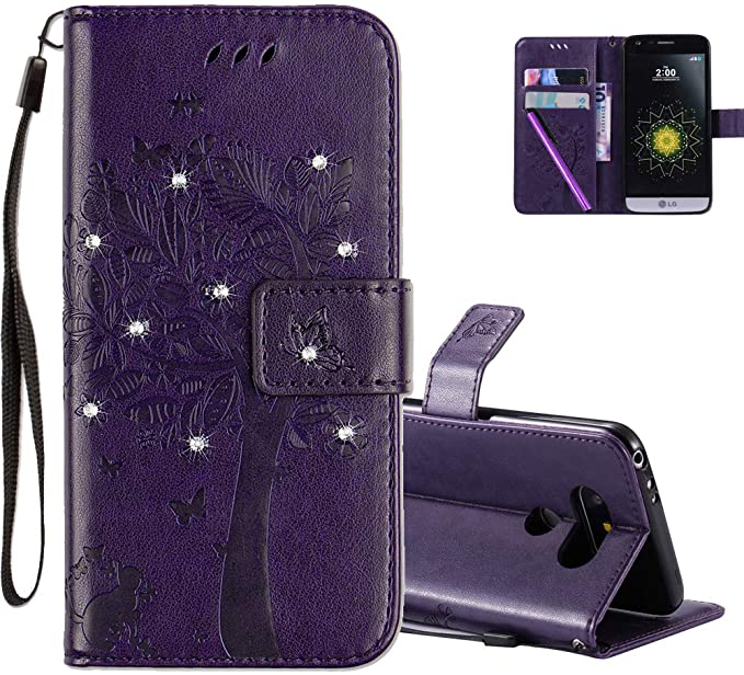 HMTECHUS LG G5 Case 3D Crystal Embossed Love Tree Cat Butterfly Handmade Diamonds Shine PU Flip Stand Card Holders Wallet Cover for LG G5 Wishing Tree Purple KT