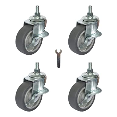 Mysit 3 Inch Caster Wheels Heavy Duty Threaded Stem Casters Set of 4, Swivel Rubber Casters Replacement with brake, Grill Cart Wheels for Furniture Trolley Dolly Workbench, M10mm x 1" (BS75TPR_M10x25)