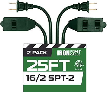 25 Ft Green Extension Cord 2 Pack - 16/2 Durable Electrical Cable with 3 Power Outlets - Great for Powering Christmas Decorations