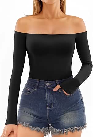 MANGOPOP Off The Shoulder Tops for Women Sexy Long Sleeve T Shirt Slim Fitted Tee Going Out Tops