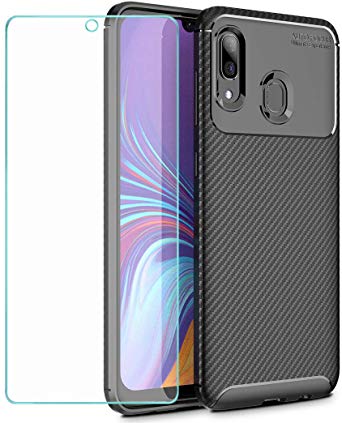 Wanxideng - Case for Samsung Galaxy A40  Tempered Glass Screen Protector, [Carbon Fiber Texture] Rugged Armor Case Soft Slim TPU Silicone Cover - Black